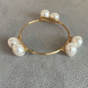 Double Pearl Wire Wrapped Gold Bangle Bracelet